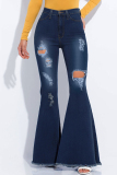 Dark Blue Denim Button Fly Sleeveless High Hole Solid washing Patchwork Boot Cut Pants 