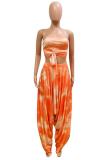Orange Sexy Fashion crop top Slim fit Two Piece Suits asymmetrical Tie Dye Regular Sleeveless Tw