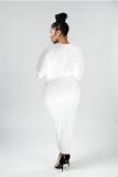 White Casual Fashion adult Cap Sleeve 3/4 Length Sleeves V Neck Asymmetrical Mid-Calf Solid Patc