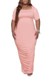 Light Blue Casual Solid Patchwork Fold U Neck Straight Plus Size Dresses