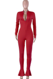 Green street Solid zipper Milk. Long Sleeve O Neck Jumpsuits
