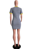 Yellow Sexy Fashion Cap Sleeve Short Sleeves O neck Step Skirt skirt Patchwork Pocket Print Strip
