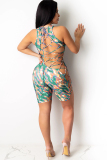 Grey Sexy Hollow Asymmetrical Camouflage Backless Print Chemical fiber blend Sleeveless O Neck Rompers