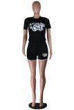 Black Fashion Casual Solid asymmetrical Letter Two Piece Suits Slim fit Regular Short Sleeve Tw
