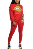Red Fashion adult Ma'am Street Patchwork Print Two Piece Suits pencil Long Sleeve Two Pieces