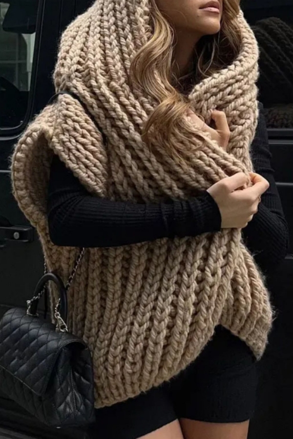 Casual Chunky Needles Cardigan Hooded Loose Knit Wool Vest Sweater