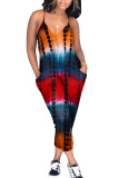 Red Casual Print Patchwork Pocket Spaghetti Strap Loose Jumpsuits