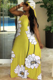 Yellow Sexy Fashion Tank Sleeveless O neck A-Line Floor-Length Print Patchwork 