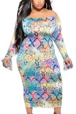 colour Sexy Knitting Print Bateau Neck Pencil Skirt Plus Size 