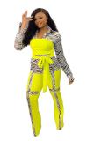 Yellow adult OL Fashion Bandage Print Two Piece Suits Patchwork contrast color Loose Long Sleeve