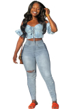 Light Blue Denim Elastic Fly Sleeveless High Hole Solid washing Patchwork pencil Pants 