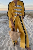 Yellow Graphics Print Turndown Collar Long Sleeve Buttons Blouse And Wide Leg Pants Vacation Casual Two Pieces Trouser Sets