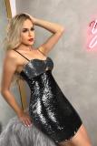 Gold adult Fashion Sexy Spaghetti Strap Sleeveless Slip Step Skirt skirt Sequin Solid Club Dre