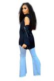 Dark Blue Turndown Collar Long Sleeve Patchwork Button Solid