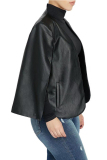 Black PU O Neck Long Sleeve Solid Long Sleeve Tops
