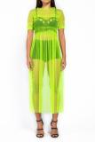 Yellow Casual Fashion Cap Sleeve Half Sleeves O neck Straight Ankle-Length Solid asymmetrical Mes