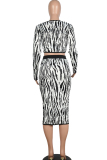 Black and white Sexy Two Piece Suits Patchwork Striped Hip skirt Long Sleeve Two-Piece Dress