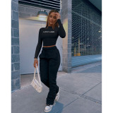 Black Casual Print Letter Turtleneck Long Sleeve Two Pieces
