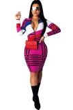 Multi-color Fashion Sexy Cap Sleeve Long Sleeves V Neck Lantern skirt Knee-Length Print Patchwork