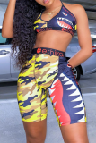colour adult Sexy Fashion Print Patchwork Two Piece Suits Straight Sleeveless