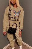 Khaki Street Print Butterfly Print Hooded Collar Long Sleeve Regular Sleeve Regular Two Pieces
