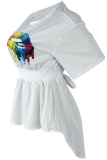 White O Neck Short Sleeve backless ruffle Print asymmetrical HOLLOWED OUT Tees & T-shirts