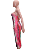 rose red Fashion Sexy adult Spaghetti Strap Sleeveless Slip Step Skirt Mid-Calf Print backless holl