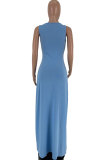 Light Blue Sexy Fashion Tank Sleeveless Slip Step Skirt Ankle-Length Patchwork Solid Casual Dresses