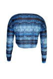 Blue O Neck Long Sleeve Patchwork crop top Mesh Tees & T-shirts