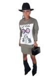 Khaki Casual Fashion adult Cap Sleeve Long Sleeves O neck Step Skirt Mini Print Long Sleeve Dre