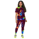 Black Fashion adult Ma'am Street Print scrawl Two Piece Suits pencil Short Sleeve Two Pieces