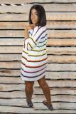 White Casual Fashion adult Cap Sleeve Half Sleeves O neck Step Skirt Mini Striped Beading Patchw