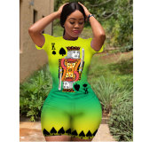 Fluorescent green Spandex Fashion Sexy adult Ma'am Patchwork Print Two Piece Suits Straight Short Sleeve Two Pieces