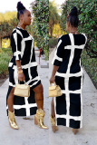 White Fashion adult Sexy Cap Sleeve Half Sleeves O neck Swagger Ankle-Length split Print Patchwo