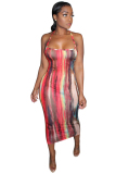 rose red Fashion Sexy adult Spaghetti Strap Sleeveless Slip Step Skirt Mid-Calf Print backless holl