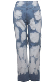 Light Blue Denim Button Fly Zipper Fly High Zippered Pocket washing Hole Straight Pants 