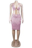 Yellow adult Sweet Fashion Two Piece Suits Print Patchwork A-line skirt Sleeveless