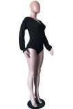 Black Fashion Sexy Solid Milk. Long Sleeve V Neck 