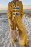 Yellow Graphics Print Turndown Collar Long Sleeve Buttons Blouse And Wide Leg Pants Vacation Casual Two Pieces Trouser Sets