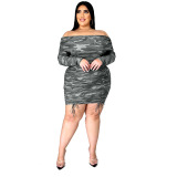 Camouflage Sexy Print Patchwork Bateau Neck Pencil Skirt Plus Size 
