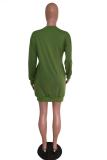 Army Green adult Casual Fashion Cap Sleeve Long Sleeves V Neck Lantern skirt Knee-Length Patchwork Embro