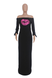 Grey Casual Off The Shoulder 3/4 Length Sleeves One word collar Straight Ankle-Length Print Casual Dress