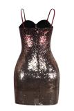 Gold adult Fashion Sexy Spaghetti Strap Sleeveless Slip Step Skirt skirt Sequin Solid Club Dre