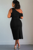 Black OL Cap Sleeve Short Sleeves one shoulder collar Hip skirt Mid-Calf Patchwork Solid Club D