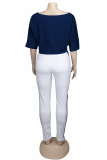 White adult Fashion Casual contrast color Print Two Piece Suits Patchwork pencil Short Sleeve T
