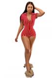 Black Fashion Sexy Print Patchwork zipper Striped Short Sleeve V Neck 