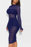 Deep Blue Cap Sleeve Long Sleeves O neck Pencil Dress Knee-Length Patchwork Print Dresses