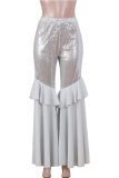 purple Elastic Fly Mid Sequin Solid Loose Pants
