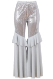 purple Elastic Fly Mid Sequin Solid Loose Pants