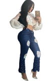 Dark Blue Denim Button Fly Zipper Fly High washing Zippered Solid Beading Asymmetrical Hole Boot Cut Pants 